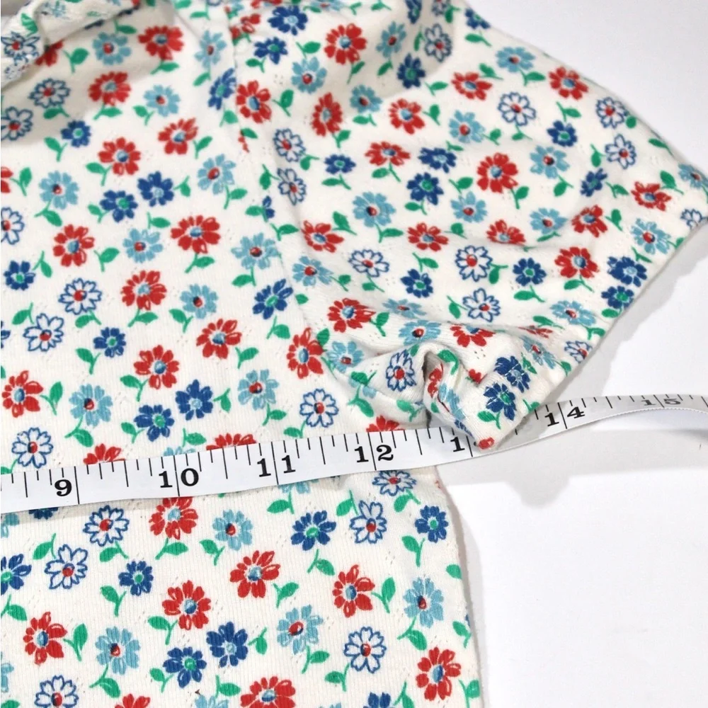 Mini Boden Cream White Short Sleeve Pointelle Tee with Red & Blue Floral Print